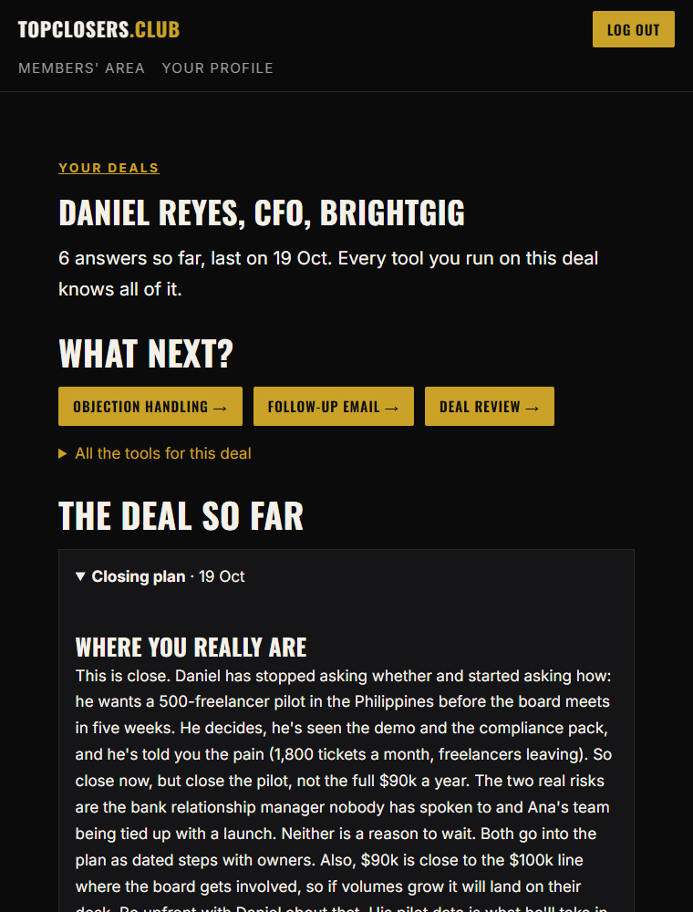 A deal page in topclosers.club: the prospect, suggested next steps, and the latest answer, a closing plan