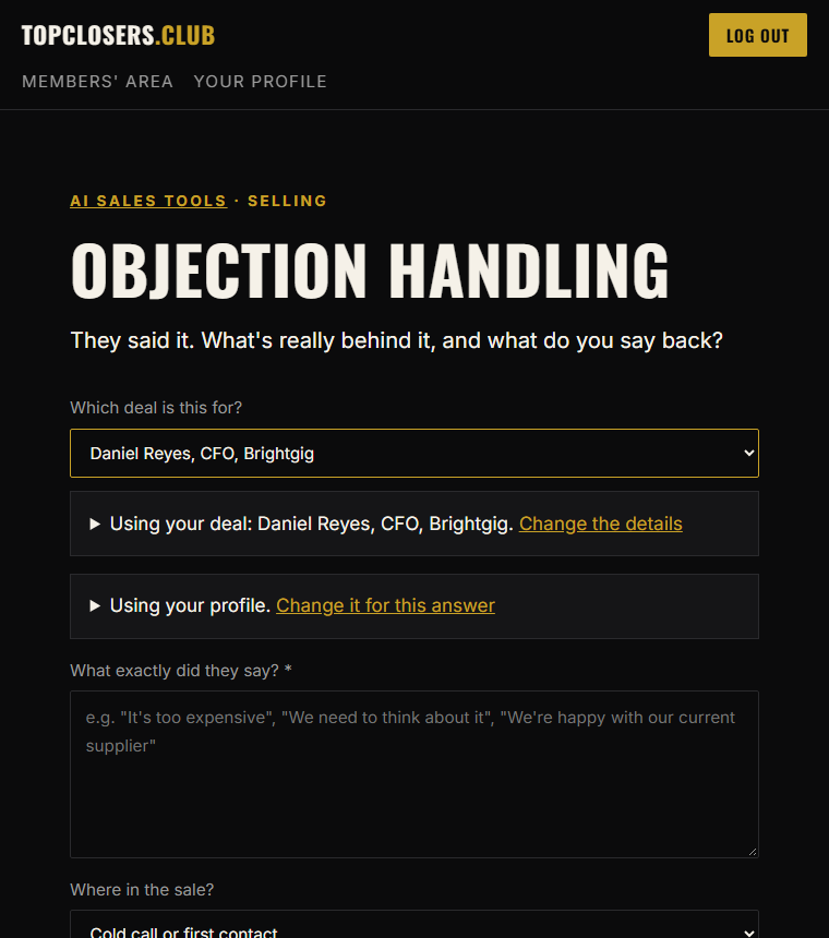 The objection handling tool on a saved deal: the deal and profile are filled in, so the only question is what the prospect said